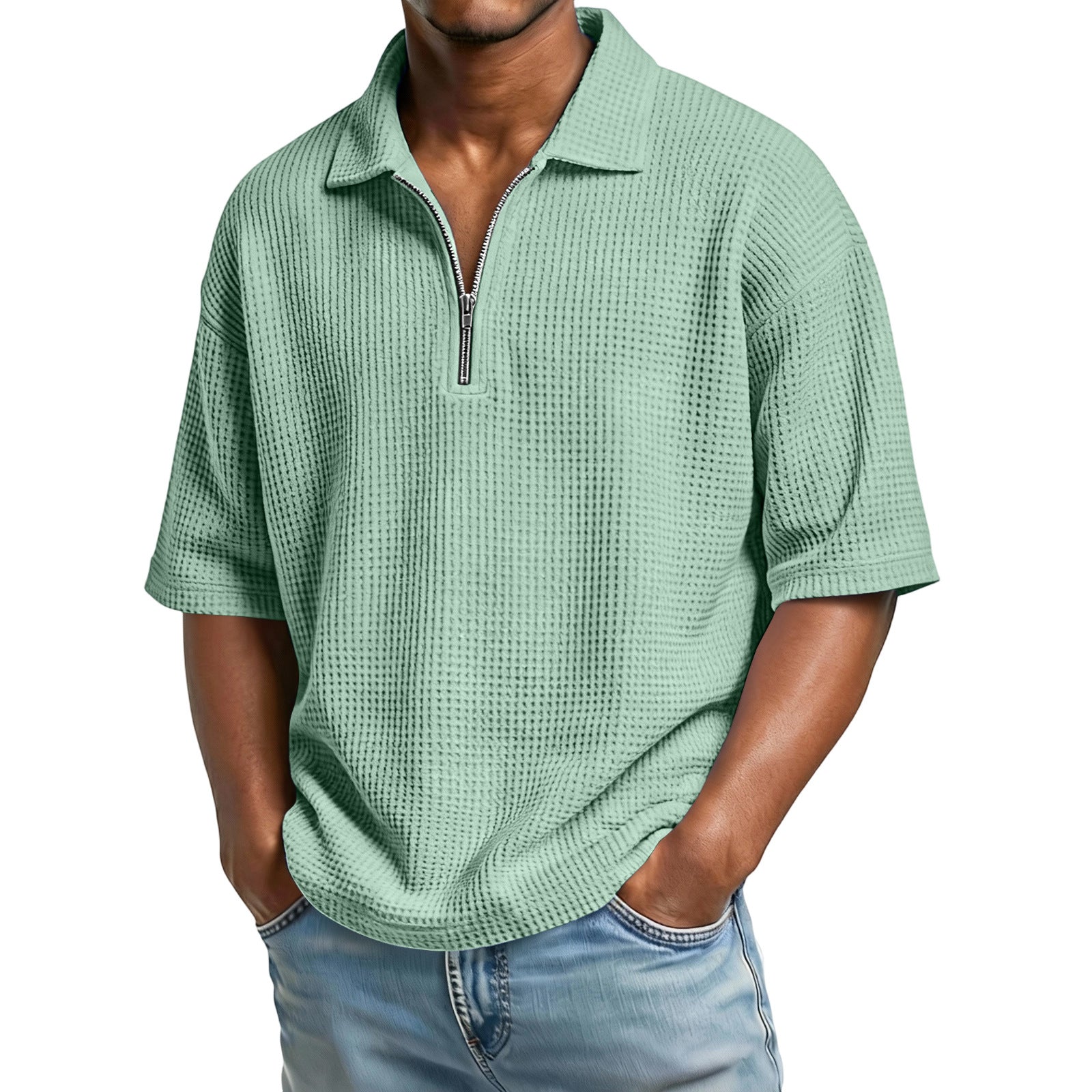 Men’s waffle-knit short-sleeve polo, perfect for summer.