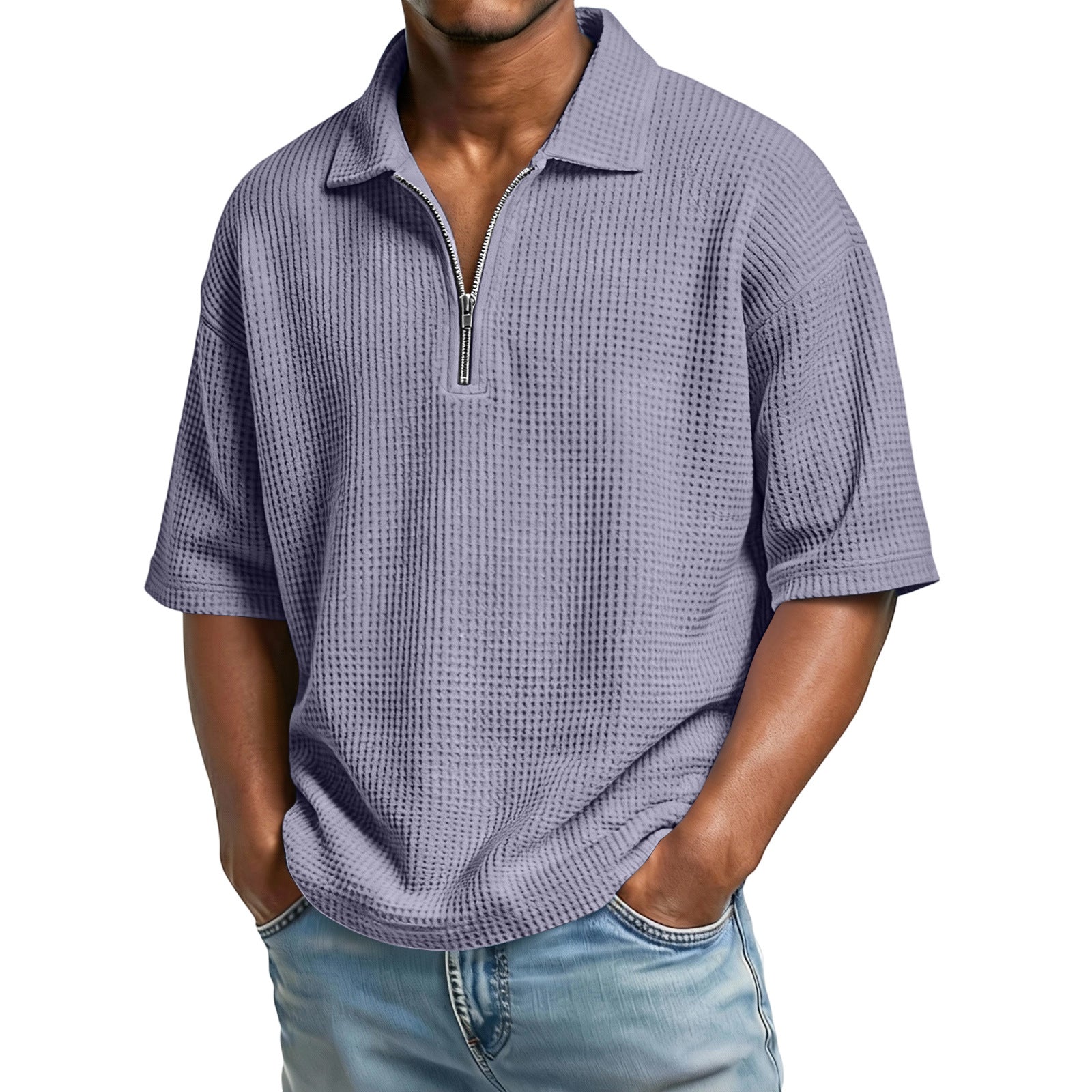 Men’s waffle-knit short-sleeve polo, perfect for summer.