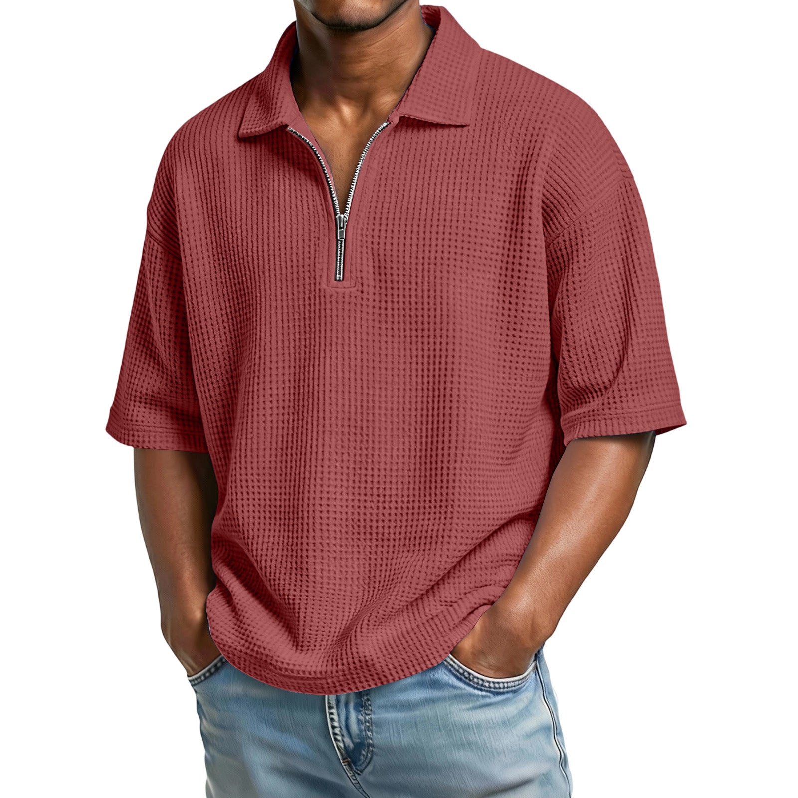 Men’s waffle-knit short-sleeve polo, perfect for summer.