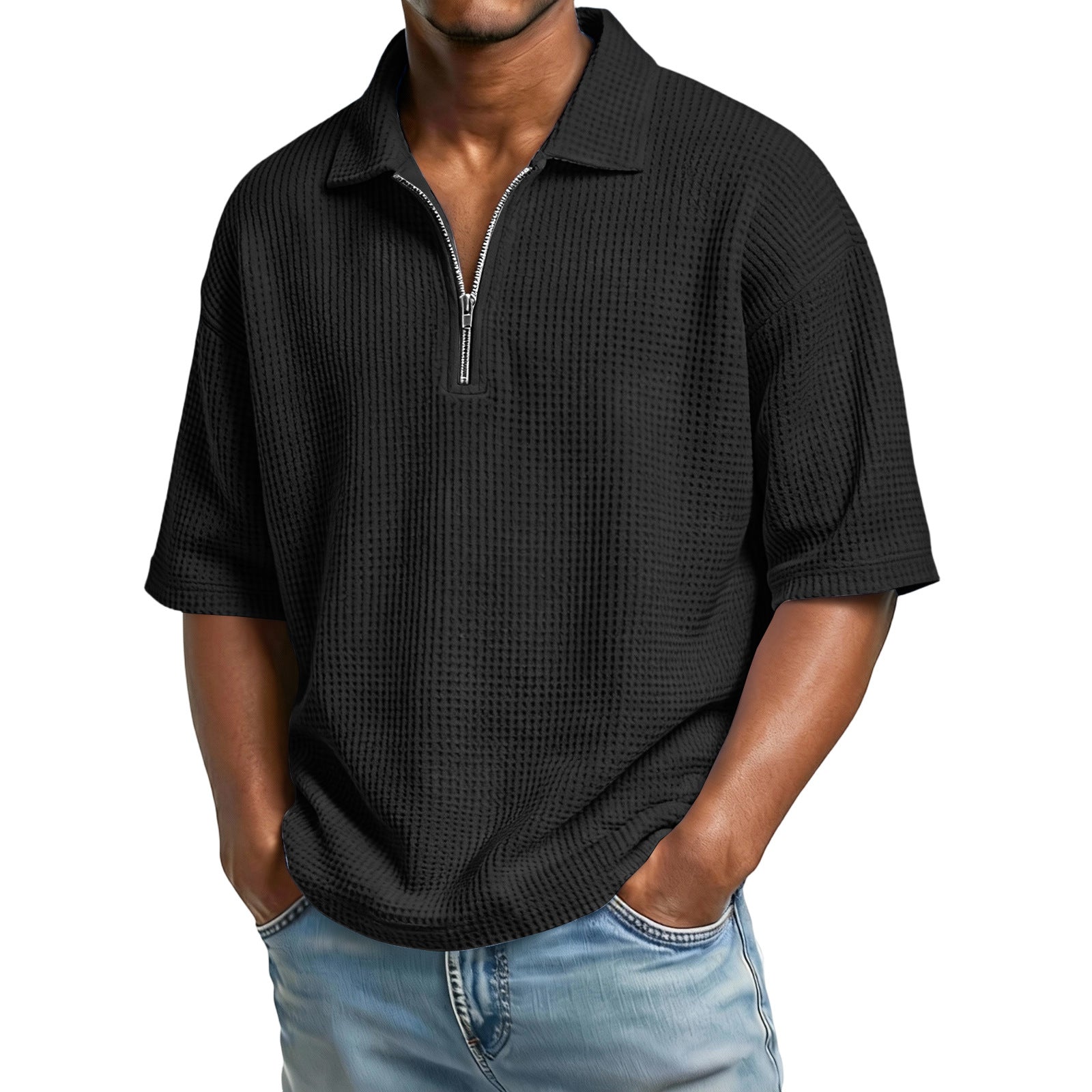 Men’s waffle-knit short-sleeve polo, perfect for summer.