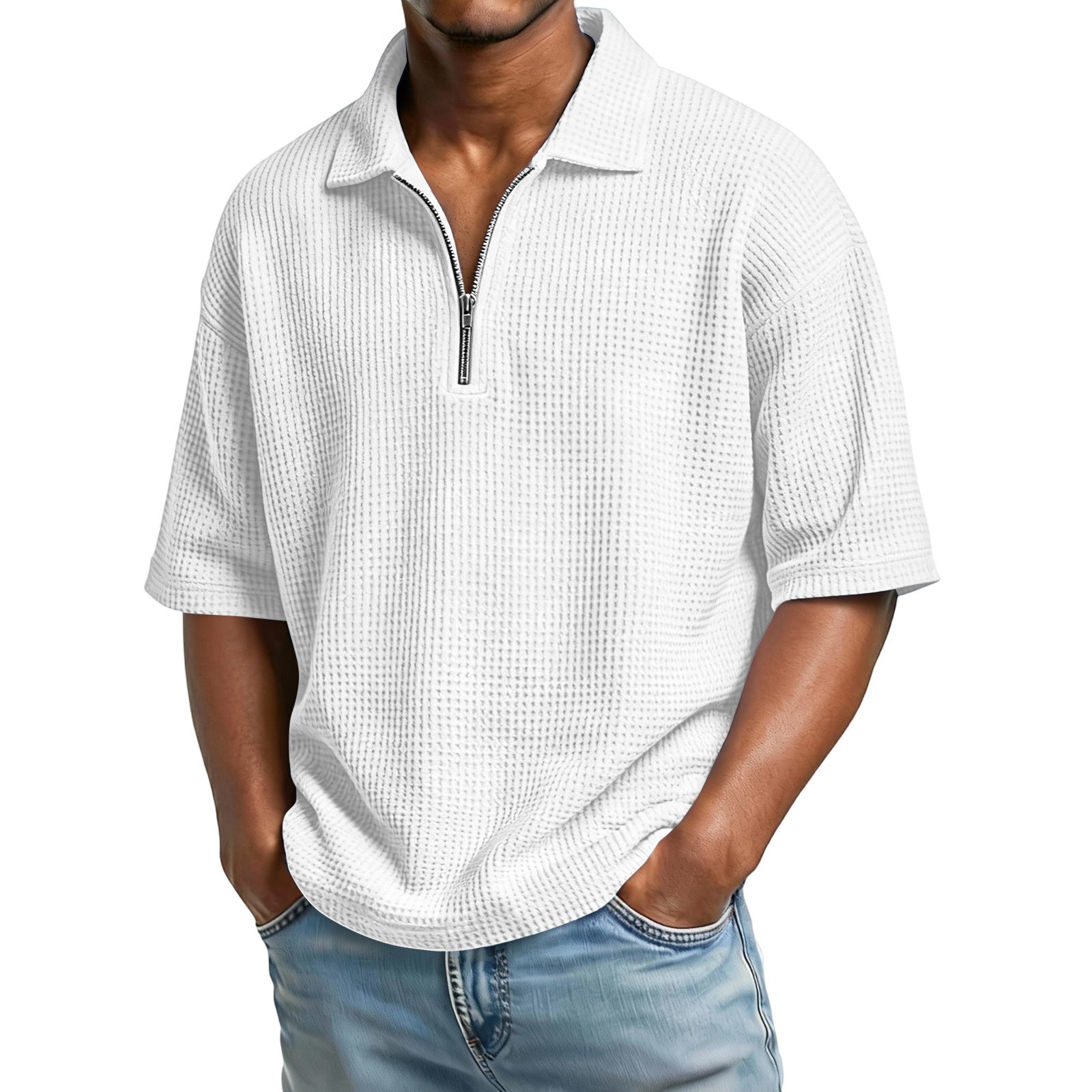 Men’s waffle-knit short-sleeve polo, perfect for summer.