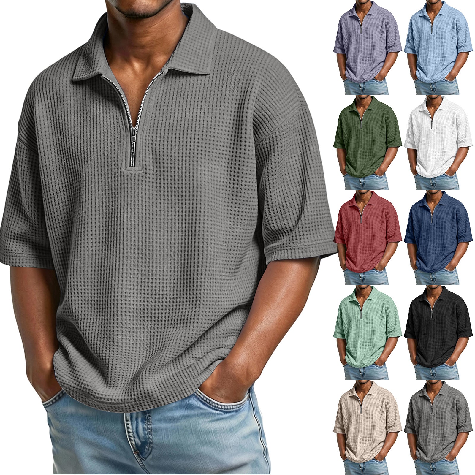 Men’s waffle-knit short-sleeve polo, perfect for summer.