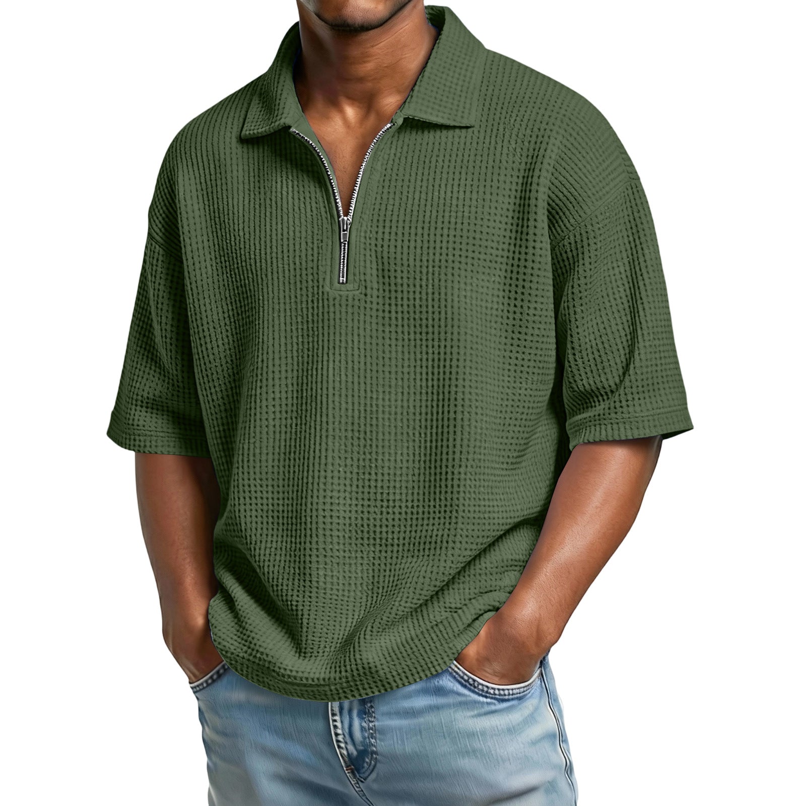 Men’s waffle-knit short-sleeve polo, perfect for summer.