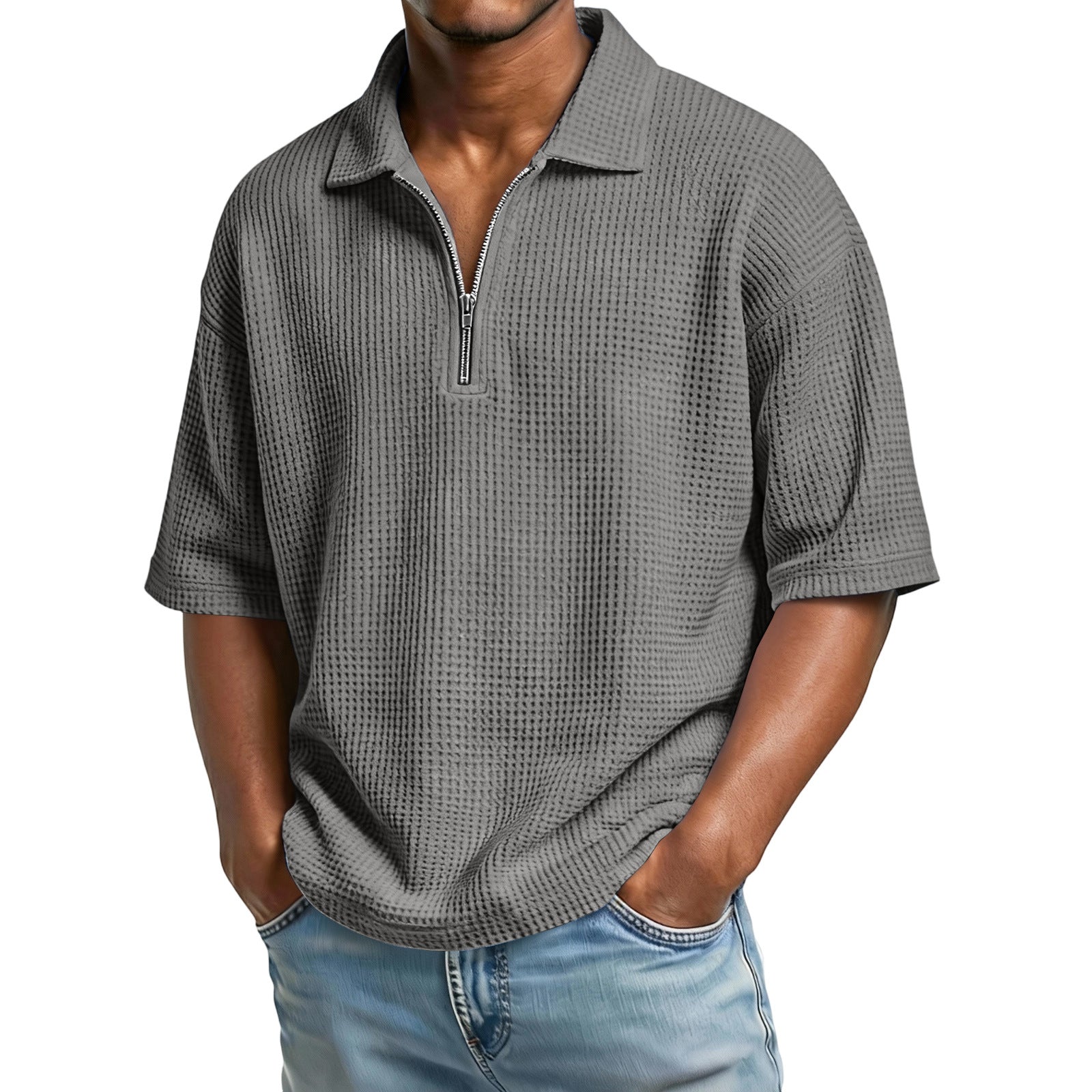 Men’s waffle-knit short-sleeve polo, perfect for summer.