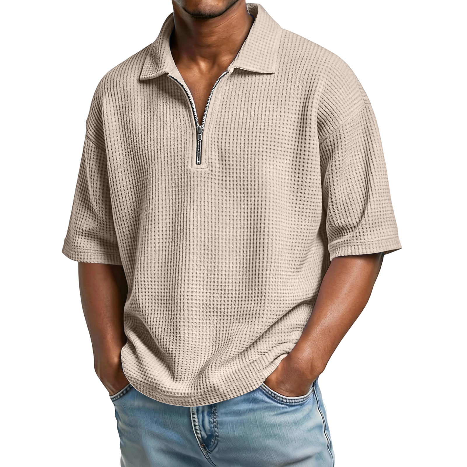 Men’s waffle-knit short-sleeve polo, perfect for summer.