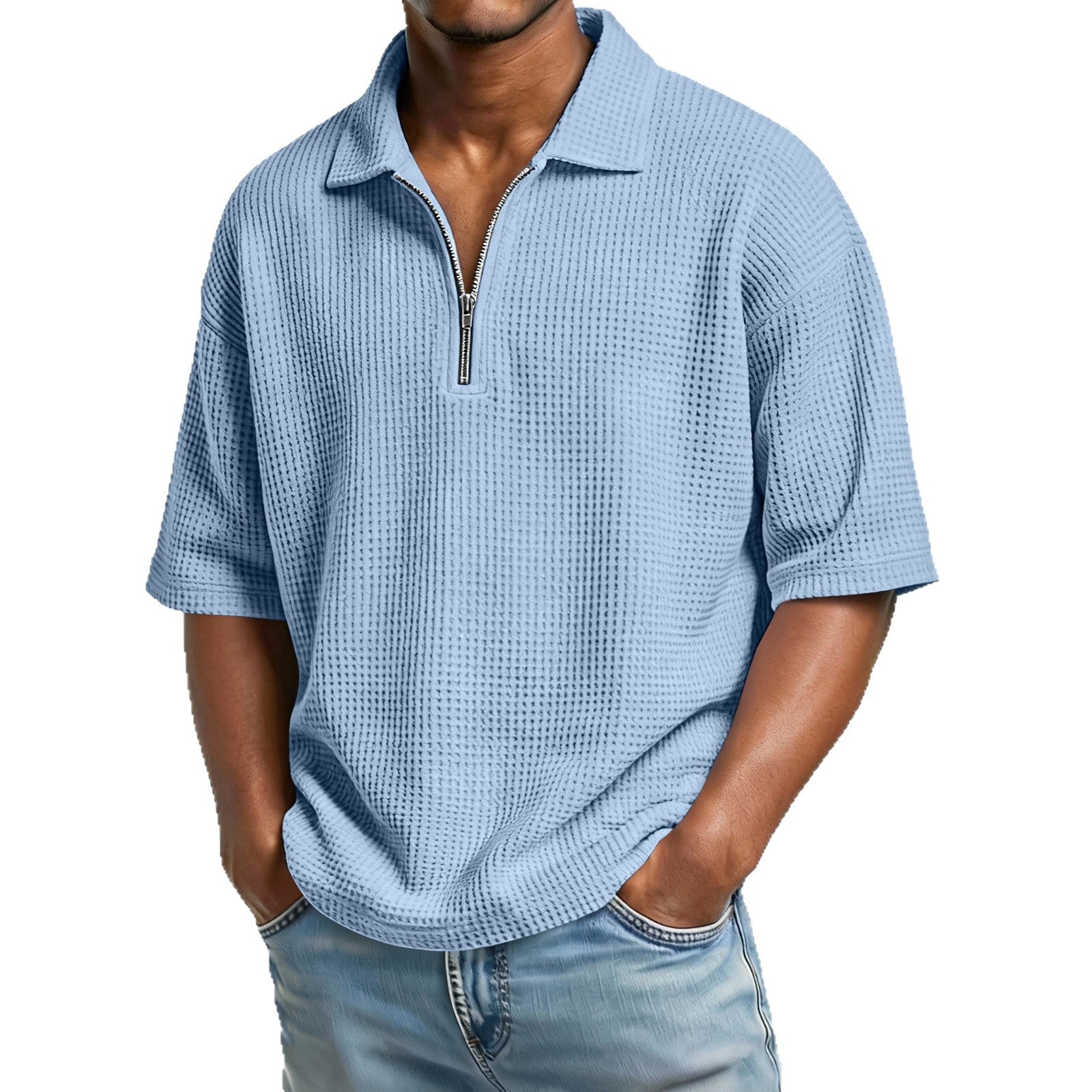Men’s waffle-knit short-sleeve polo, perfect for summer.